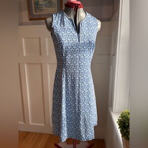 J McLaughlin Sleeveless Blue & White Geometric Midi Dress Preppy XS Coastal